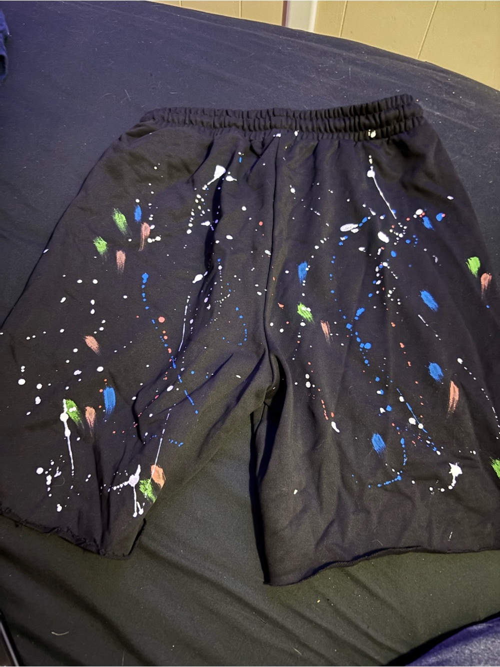 Gallery Dept Black Paint-Splatter Drawstring Shorts with Yellow Tag